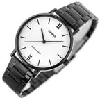 Casio férfi karóra MTP-VT01B-7B, fekete acél, fehér számlap, 40 mm, díszdoboz