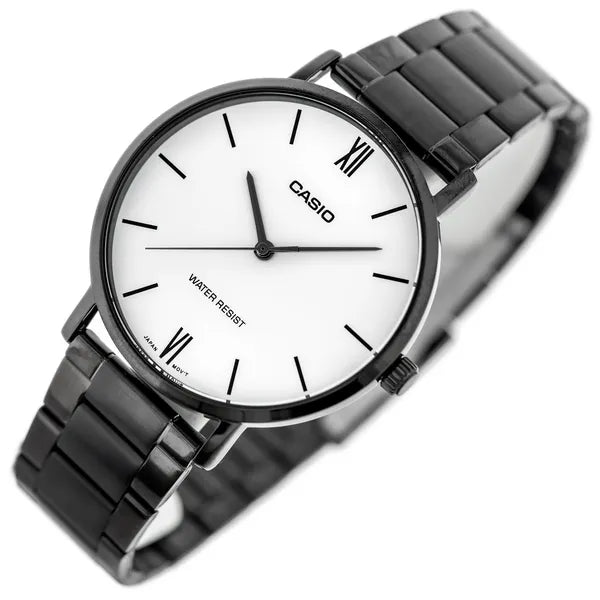 Casio férfi karóra MTP-VT01B-7B, fekete acél, fehér számlap, 40 mm, díszdoboz