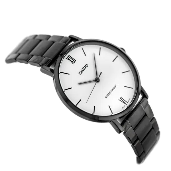 Casio férfi karóra MTP-VT01B-7B, fekete acél, fehér számlap, 40 mm, díszdoboz