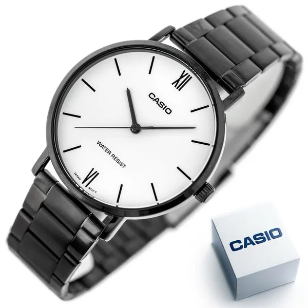 Casio férfi karóra MTP-VT01B-7B, fekete acél, fehér számlap, 40 mm, díszdoboz