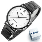 Casio férfi karóra MTP-VT01B-7B, fekete acél, fehér számlap, 40 mm, díszdoboz