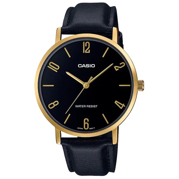 Casio MTP-VT01GL-1B2 férfi karóra, 40 mm, fekete/arany, bőr szíj, WR30