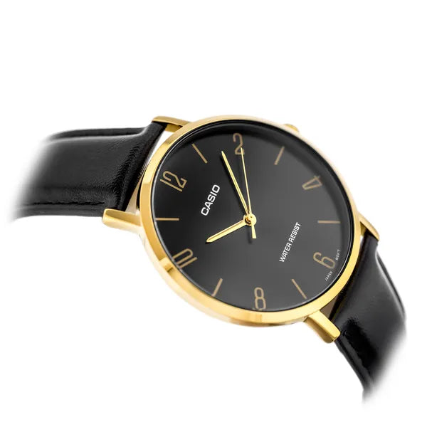 Casio MTP-VT01GL-1B2 férfi karóra, 40 mm, fekete/arany, bőr szíj, WR30