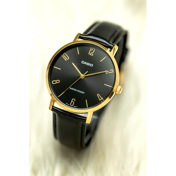 Casio MTP-VT01GL-1B2 férfi karóra, 40 mm, fekete/arany, bőr szíj, WR30