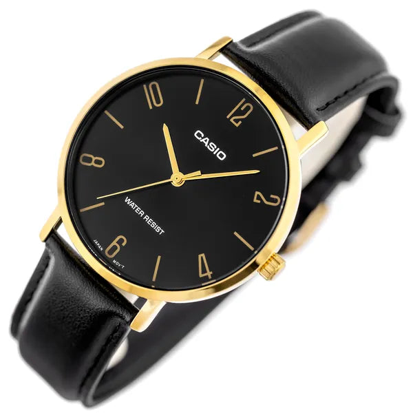 Casio MTP-VT01GL-1B2 férfi karóra, 40 mm, fekete/arany, bőr szíj, WR30