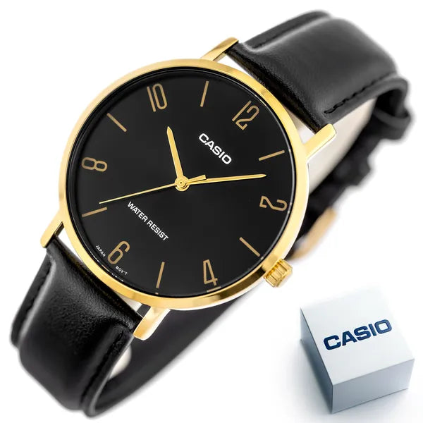 Casio MTP-VT01GL-1B2 férfi karóra, 40 mm, fekete/arany, bőr szíj, WR30