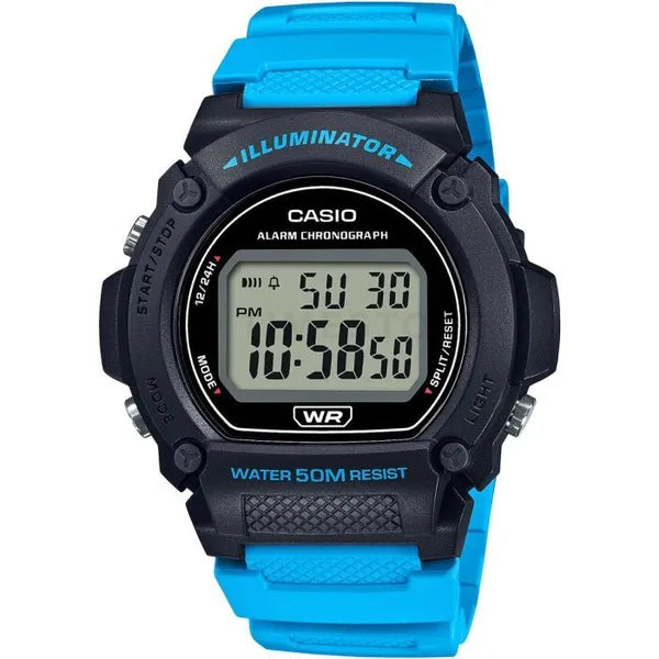 Casio W-219H-2A2VEF férfi digitális karóra, fekete/türkiz, WR50, 42 mm