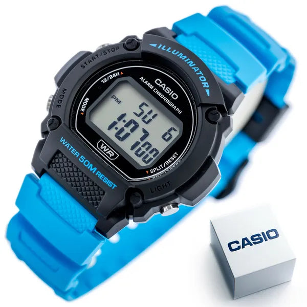 Casio W-219H-2A2VEF férfi digitális karóra, fekete/türkiz, WR50, 42 mm