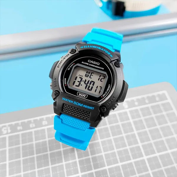Casio W-219H-2A2VEF férfi digitális karóra, fekete/türkiz, WR50, 42 mm