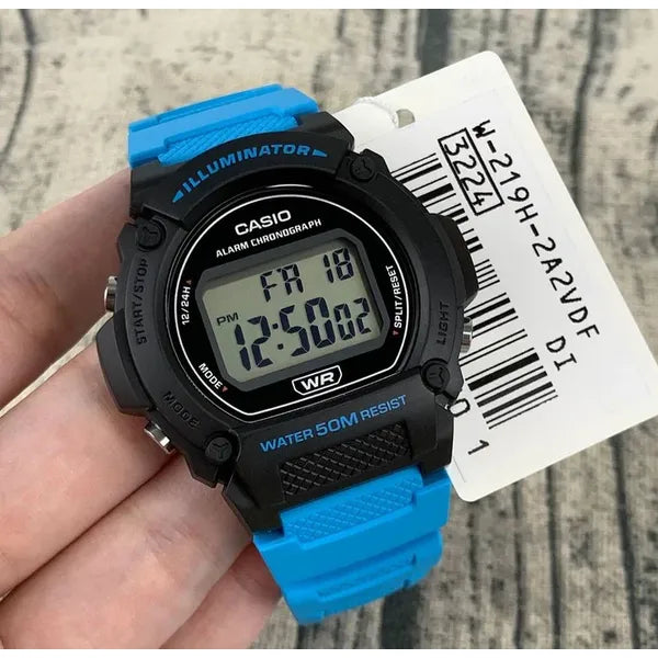 Casio W-219H-2A2VEF férfi digitális karóra, fekete/türkiz, WR50, 42 mm