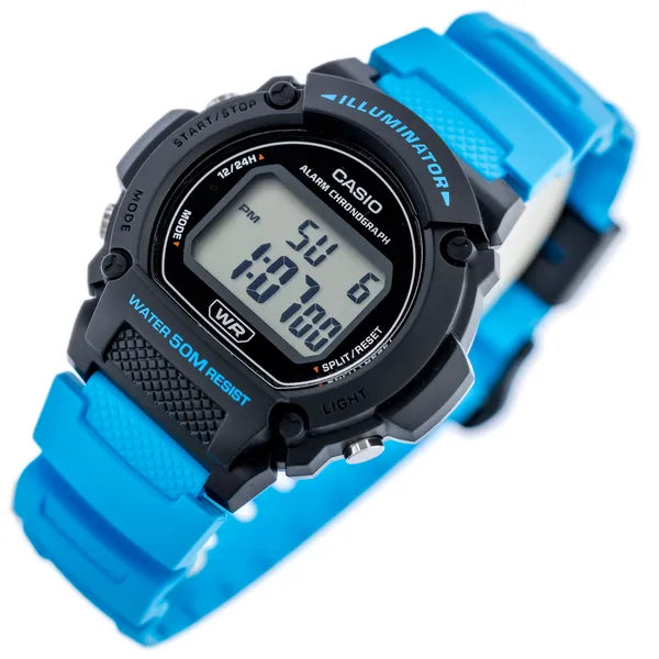 Casio W-219H-2A2VEF férfi digitális karóra, fekete/türkiz, WR50, 42 mm