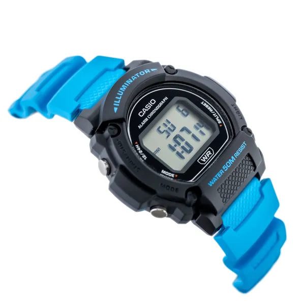 Casio W-219H-2A2VEF férfi digitális karóra, fekete/türkiz, WR50, 42 mm