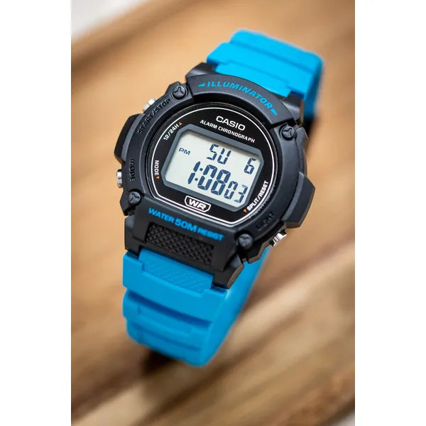 Casio W-219H-2A2VEF férfi digitális karóra, fekete/türkiz, WR50, 42 mm