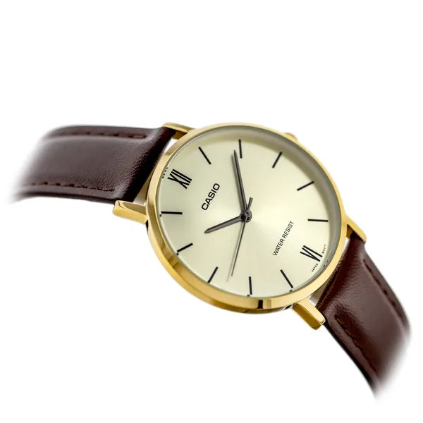 Casio LTP-VT01GL-9B női karóra, 34mm, barna bőrszíj, arany számlap, díszdoboz