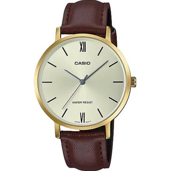 Casio LTP-VT01GL-9B női karóra, 34mm, barna bőrszíj, arany számlap, díszdoboz