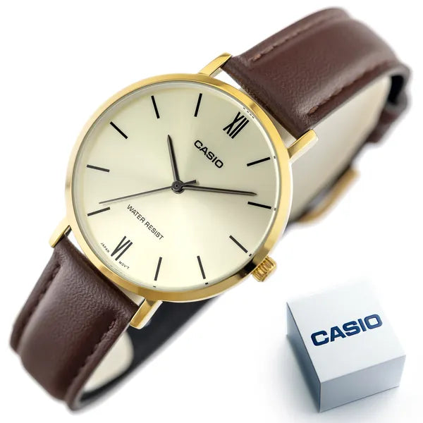 Casio LTP-VT01GL-9B női karóra, 34mm, barna bőrszíj, arany számlap, díszdoboz
