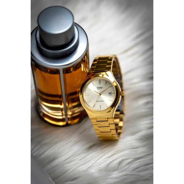 Casio MTP-1170N-9A uniszex arany nemesacél kvarc karóra, 41 mm, dátum, doboz
