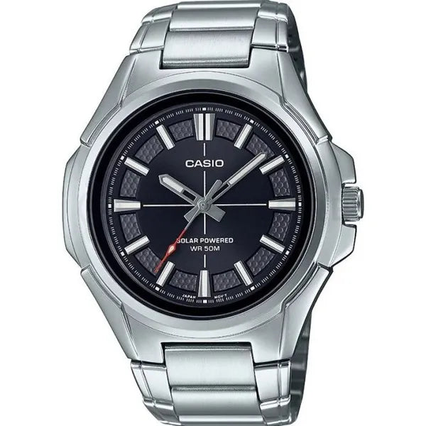 Casio MTP-RS100D-1A férfi karóra, solar, acél szíj, fekete számlap, WR50