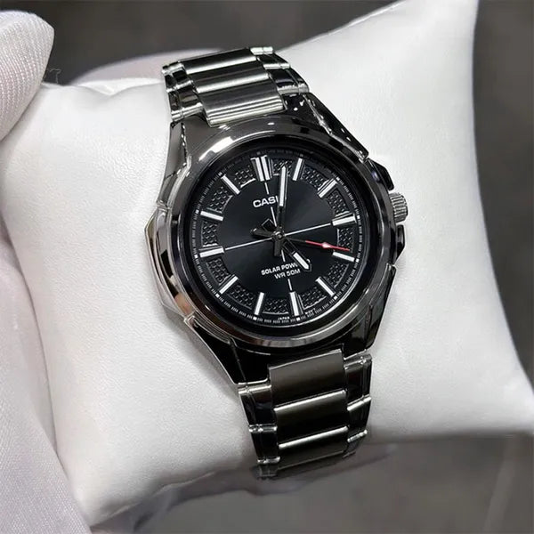 Casio MTP-RS100D-1A férfi karóra, solar, acél szíj, fekete számlap, WR50