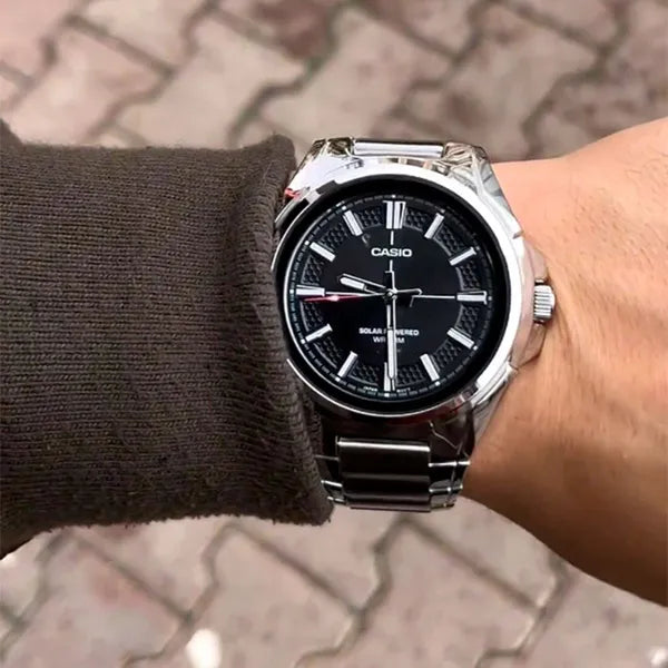 Casio MTP-RS100D-1A férfi karóra, solar, acél szíj, fekete számlap, WR50