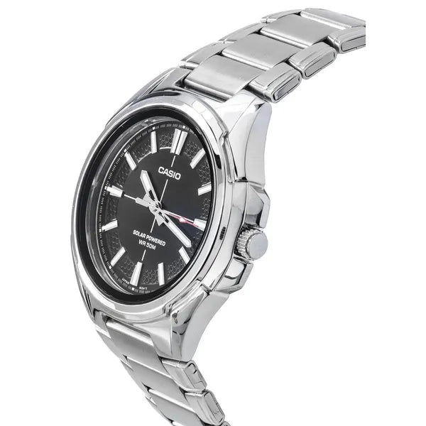 Casio MTP-RS100D-1A férfi karóra, solar, acél szíj, fekete számlap, WR50