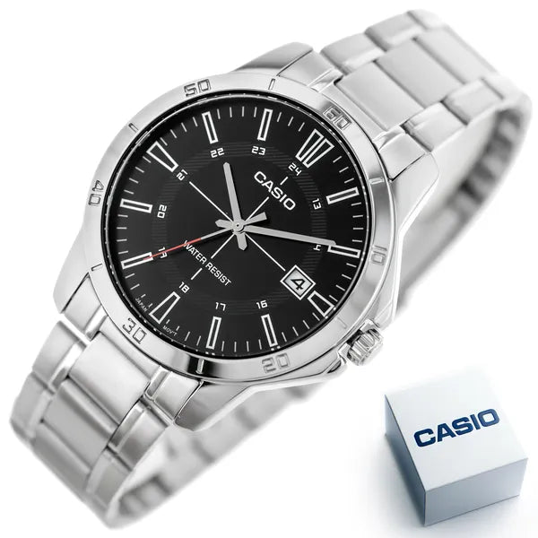 Casio MTP-V004D-1CUDF férfi karóra, acél szíj, fekete számlap, WR30, díszdoboz