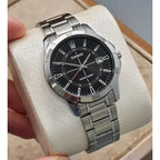 Casio MTP-V004D-1CUDF férfi karóra, acél szíj, fekete számlap, WR30, díszdoboz