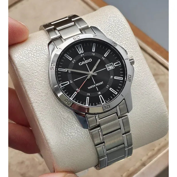 Casio MTP-V004D-1CUDF férfi karóra, acél szíj, fekete számlap, WR30, díszdoboz