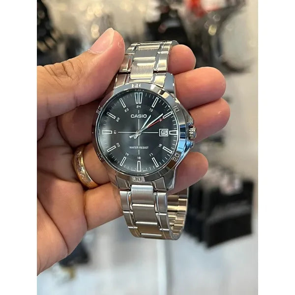 Casio MTP-V004D-1CUDF férfi karóra, acél szíj, fekete számlap, WR30, díszdoboz