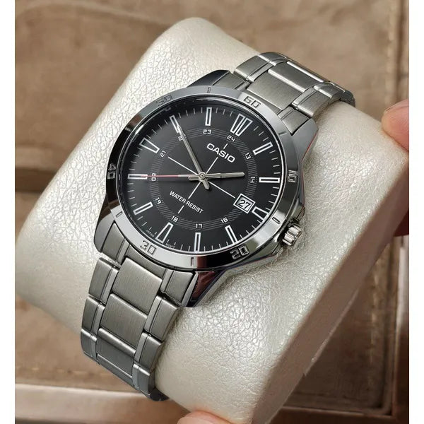 Casio MTP-V004D-1CUDF férfi karóra, acél szíj, fekete számlap, WR30, díszdoboz