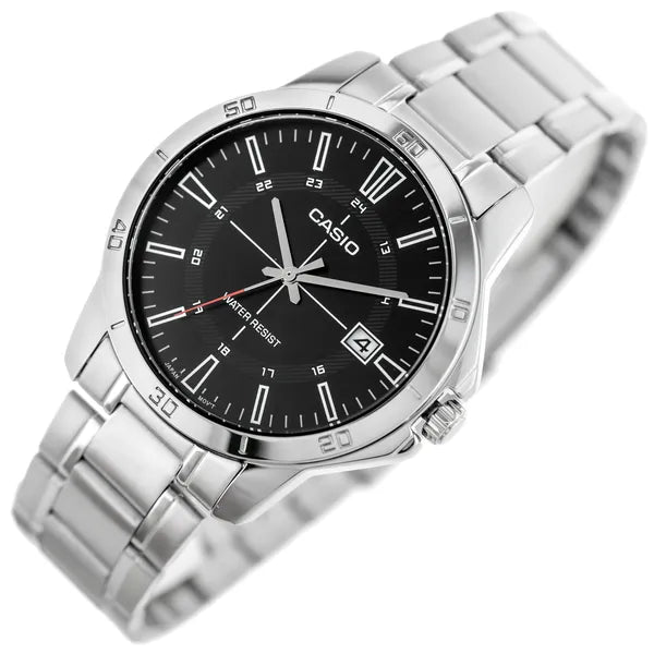 Casio MTP-V004D-1CUDF férfi karóra, acél szíj, fekete számlap, WR30, díszdoboz