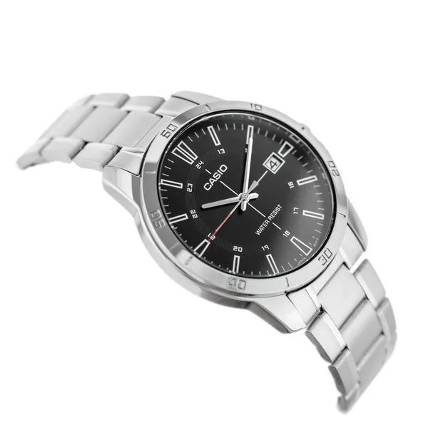 Casio MTP-V004D-1CUDF férfi karóra, acél szíj, fekete számlap, WR30, díszdoboz
