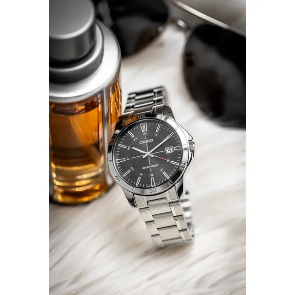 Casio MTP-V004D-1CUDF férfi karóra, acél szíj, fekete számlap, WR30, díszdoboz