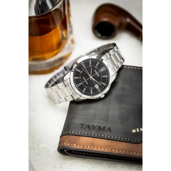 Casio MTP-V004D-1CUDF férfi karóra, acél szíj, fekete számlap, WR30, díszdoboz