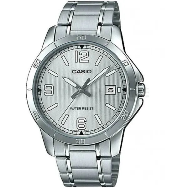 Casio férfi karóra, ezüst acél, kvarc, 42 mm, dátum, WR30, díszdoboz