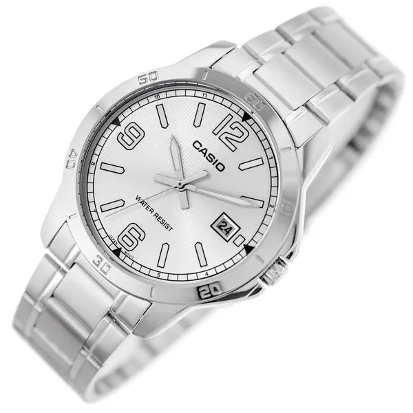 Casio férfi karóra, ezüst acél, kvarc, 42 mm, dátum, WR30, díszdoboz