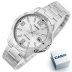 Casio férfi karóra, ezüst acél, kvarc, 42 mm, dátum, WR30, díszdoboz
