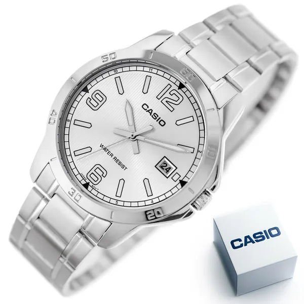 Casio férfi karóra, ezüst acél, kvarc, 42 mm, dátum, WR30, díszdoboz