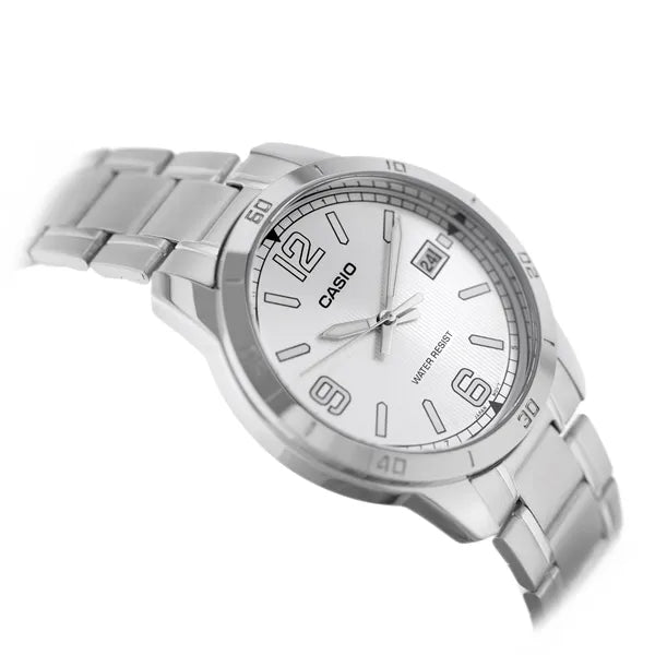 Casio férfi karóra, ezüst acél, kvarc, 42 mm, dátum, WR30, díszdoboz