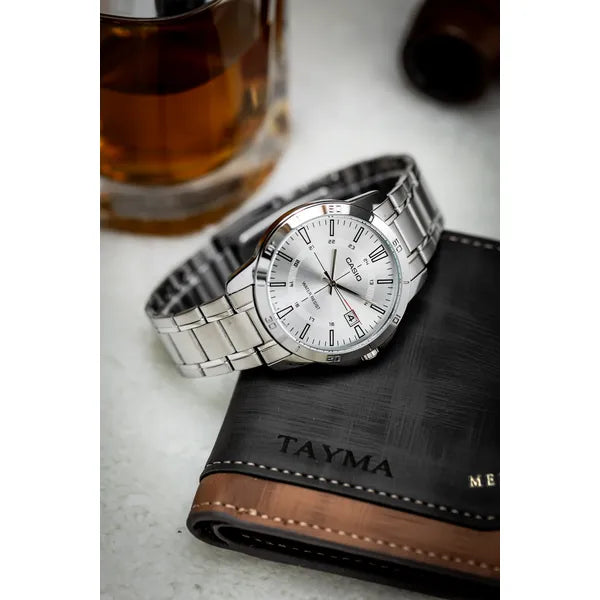 Casio MTP-V004D-7CUDF férfi karóra, ezüst, acél szíj, dátum, WR30