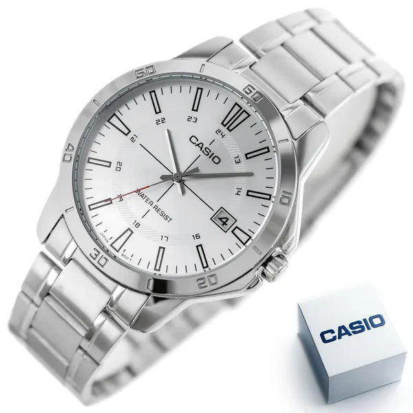 Casio MTP-V004D-7CUDF férfi karóra, ezüst, acél szíj, dátum, WR30