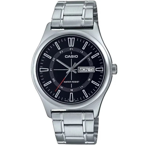 Casio MTP-V006D-1C férfi karóra, fekete számlap, acél szíj, WR30, doboz