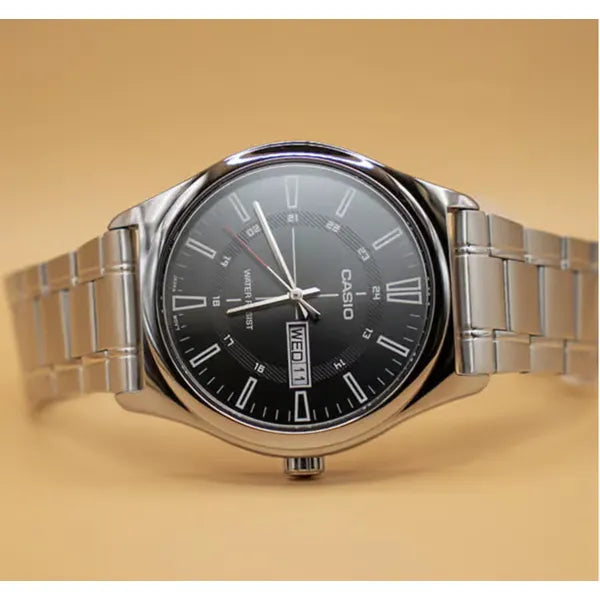 Casio MTP-V006D-1C férfi karóra, fekete számlap, acél szíj, WR30, doboz