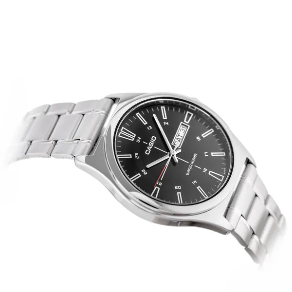 Casio MTP-V006D-1C férfi karóra, fekete számlap, acél szíj, WR30, doboz