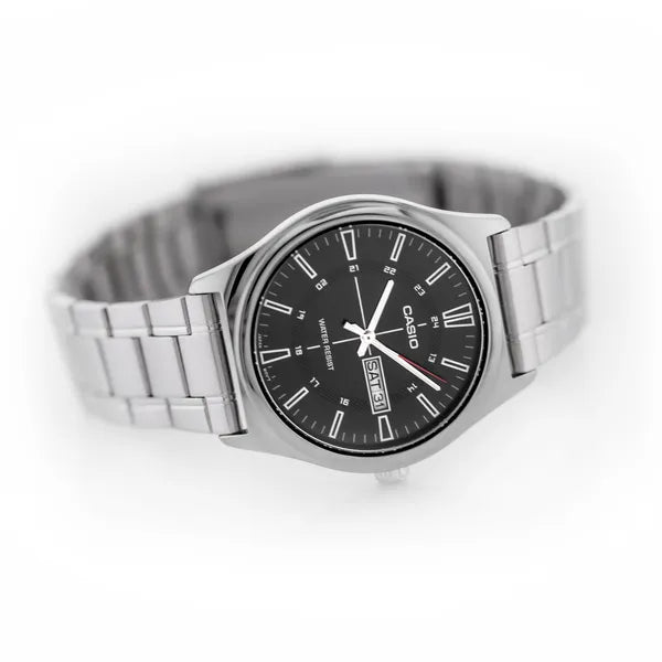 Casio MTP-V006D-1C férfi karóra, fekete számlap, acél szíj, WR30, doboz