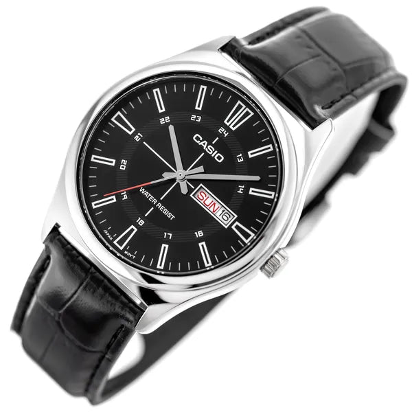 Casio férfi karóra MTP-V006L-1C, fekete bőr szíj, 38 mm, WR30, díszdoboz