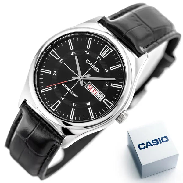 Casio férfi karóra MTP-V006L-1C, fekete bőr szíj, 38 mm, WR30, díszdoboz