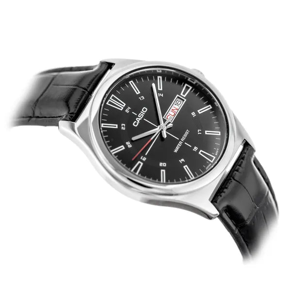 Casio férfi karóra MTP-V006L-1C, fekete bőr szíj, 38 mm, WR30, díszdoboz