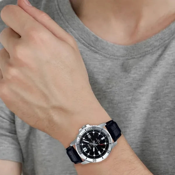 Casio MTP-VD01L-1EV férfi karóra, fekete bőr, 44 mm, WR50, dátum