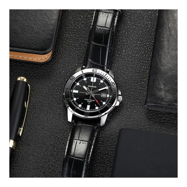 Casio MTP-VD01L-1EV férfi karóra, fekete bőr, 44 mm, WR50, dátum